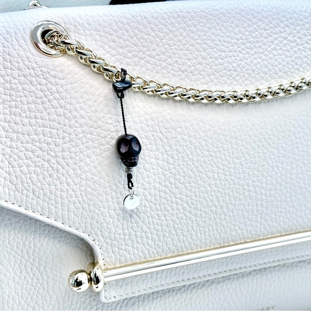 Black skull bag/purse charm +silver disk or phone or keychain on black silk cord